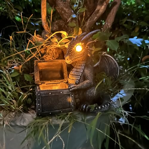 Garden Dragon Statue Solar Powered Outdoor Figurine Light Decor Cute and Hold Glowing Treasure Chest Resin Sculpture Home Decoration for Porch Patio Lawn Farm Yard Housewarming Ornament Gift (treasurebox)