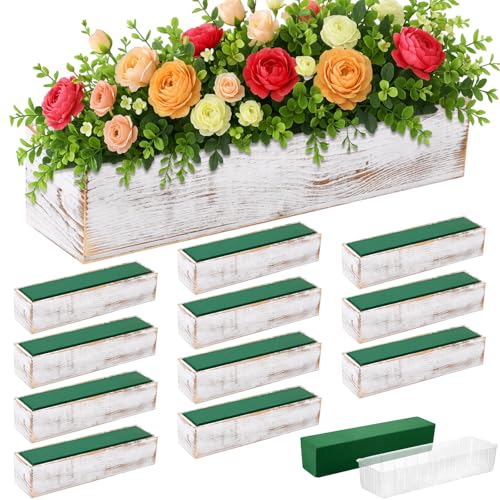 12 Set Wood Boxes for Centerpieces 16x4 Inch Rectangle Wooden Planter Rustic Wooden Planters with Removable Plastic Liner Floral Foam Blocks for Christmas Wedding Home Decor (16 x 4 Inch / White)