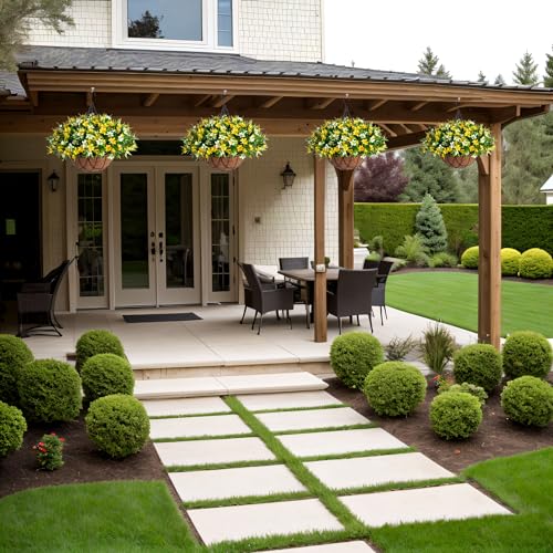 Artificial Hanging Flowers with 12" Basket for Outdoor Decor (B-yellow)