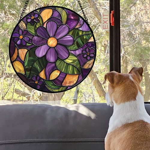Stained Glass Window Hanging Purple Flower Suncatcher Gift for Women 9.8" (Brown-green / 9.8x9.8 IN)