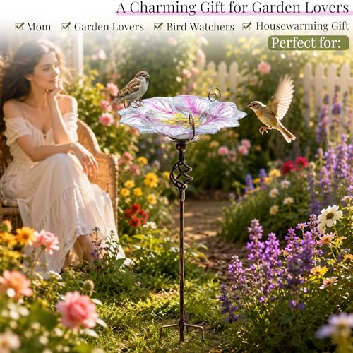 Glass Bird Bath Outdoor Bird Feeder with Metal Stake Garden Decor (Pink)