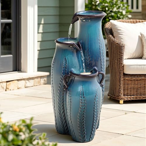 30" Ceramic Vase Water Fountain Outdoor with LED Lights (Turquoise Cascading Vase 29.5"h)