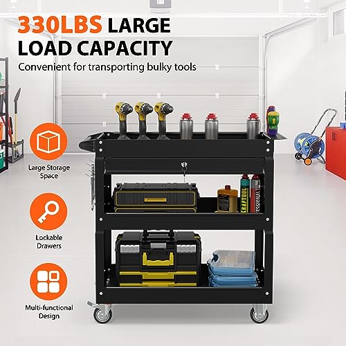 3 Tier Heavy Duty Rolling Tool Cart with Drawers (Black)