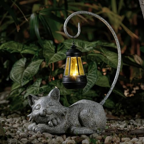 Outdoor Cat Figurine Garden Statue with Solar (Marbled)