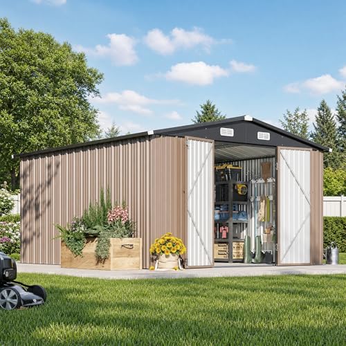 12 x 10FT Outdoor Storage Shed with Double Hinged Large Door (Brown / 10'x12')
