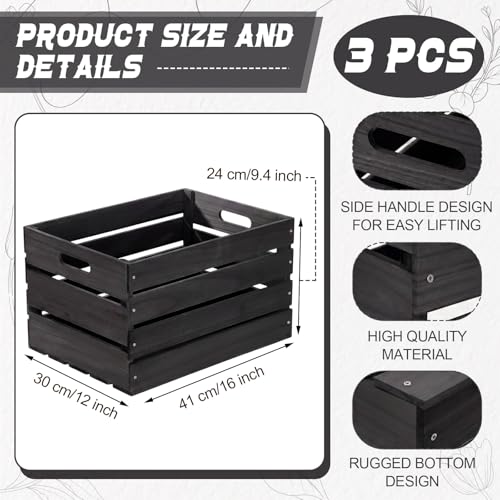 3 Pack 16 Inch Large Wood Crates Box for Storage Display (Black / 16 Inch)