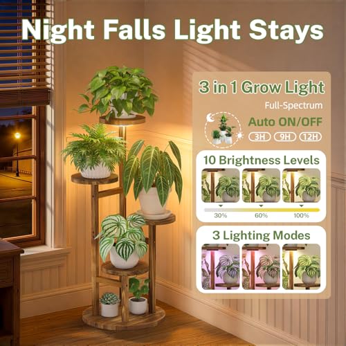 4 Tier Wood Plant Stand Indoor Corner with Grow Light (Pine Brown with Light / 4 Tiers)