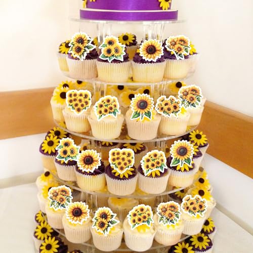 63 PCS Edible Sunflower Cupcake Toppers Wafer Paper Flower Party Cake Toppers Decorations Edible Sunflower Cupcake Picks for Baby Shower Wedding Birthday Party Cake Decorations Supplies (Design 15)