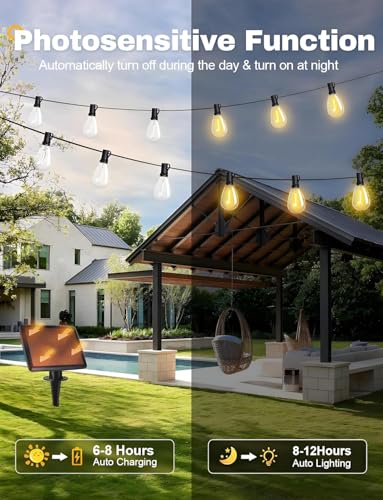 60FT Solar String Lights Outdoor with Remote and 16+2 LED Shatterproof Bulbs Dimmable & Timing 3 Light Modes Solar Patio String Lights for Cafe (60FT-Solar)
