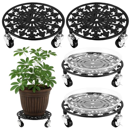 4 Pack Plant Caddy with Wheels 11 Inch Rolling Plant Stand for Large Plants Heavy Duty Plant Rollers Metal Plant Dolly Rustproof Planter Stand Wrought Iron Plant Stands Flower Cart Indoor Outdoor (11 inches)