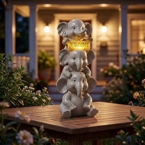 Solar Elephant Garden Statue with Lighted Welcome Sign (A Family of Three Elephants)