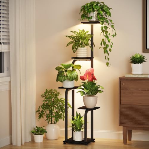 Plant Stand Shelf Tall for Indoor Corner with Lights (pitch black / 5 Tier)