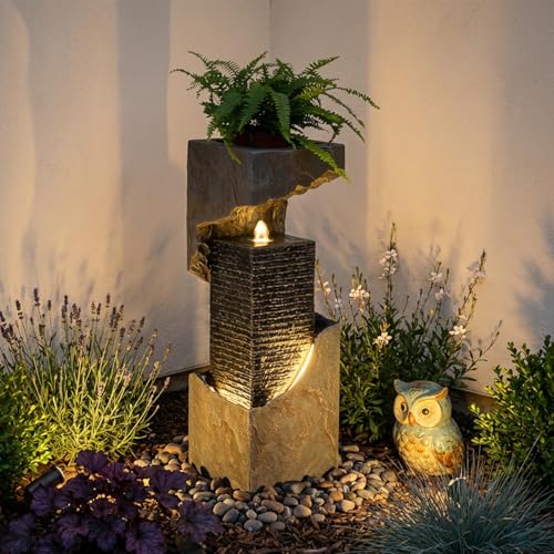 Modern Rectangular Water Fountain Outdoor with LED Lights & Planter Top (Graymodern35.4)