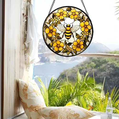 Bee Wreath Stained Glass Window Hanging Suncatcher Gifts for Women 6.3" (Yellow and White / 6.3x6.3 IN)
