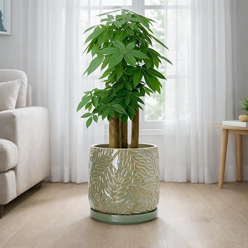 Embossed Leaves Ceramic Planter (10 Inch / Olive)