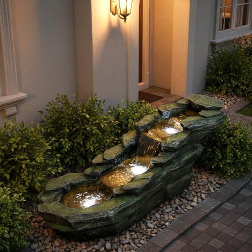 Cascading Rock Outdoor Water Fountain with LED Lights (44" L / Gray_12)