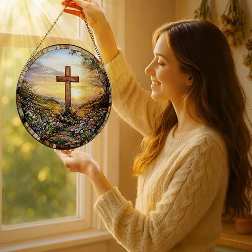 8 Inches Cross Sunset Stained Glass Suncatcher (Cross-a)