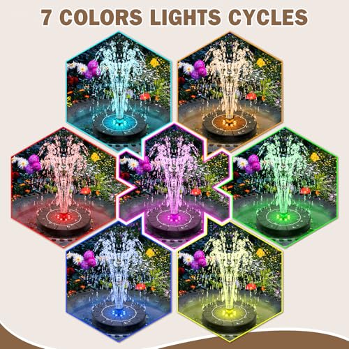Solar Fountain for Bird Bath Colorful Lights Automatic Cycle 3.5W Solar Water Fountain Outdoor Garden 2200mAh Battery (Colorful 1)