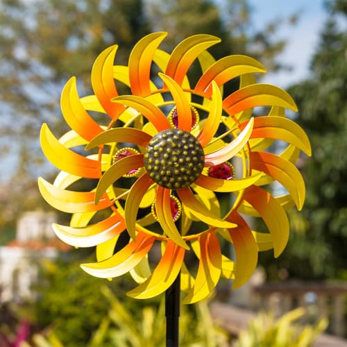 13Inch Metal Sunflower Wind Spinner Outdoor Decor with Stake (Yellow2)