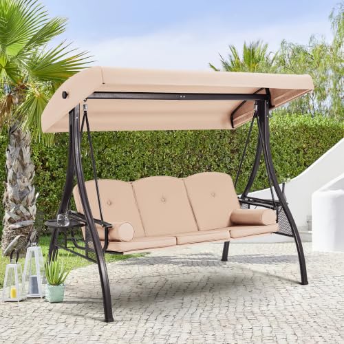 3 Seat Porch Swing with Adjustable Canopy (Khaki)