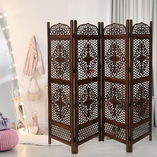 Room Divider Wooden Foldable Hand Carved Screens Panel_80" Wx72 H_4Panel (Burnt / 80"W x 72"H - Minar)