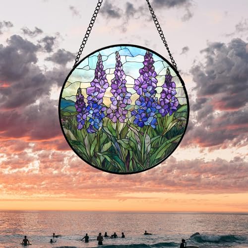 Purple Lupine Flowers Stained Glass Window Hanging Suncatcher Gift 6.3" (Purple and Green / 6.3x6.3 IN)