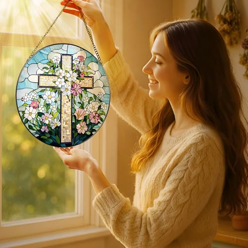 8'' Christian Stained Glass Suncatcher Ornament (Cross-c)