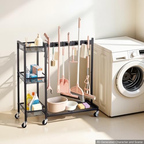 Broom Holder with Cleaning Supplies Organizer (Medium)