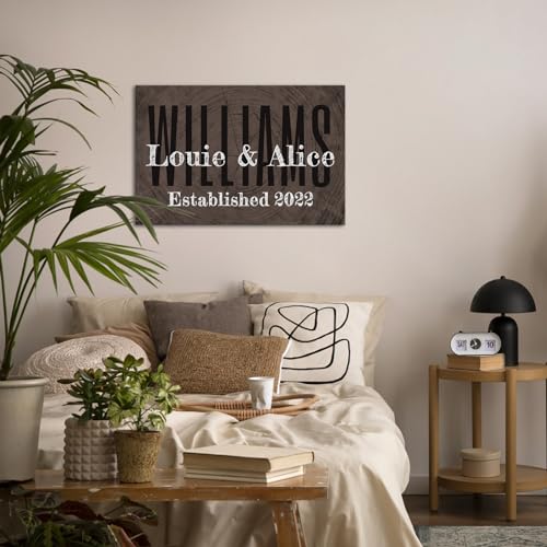 Personalized Last Name Signs with Couple's Names Wall Art Custom Family Established Date Canvas Prints Framed Unique Wedding Anniversary Housewarming Gifts for Home Decor 24×36inch