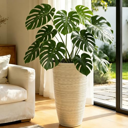 AUTODAYA 23.5" Tall Planters for Outdoor Plants (23.5"h-ivory Stripes Texture)