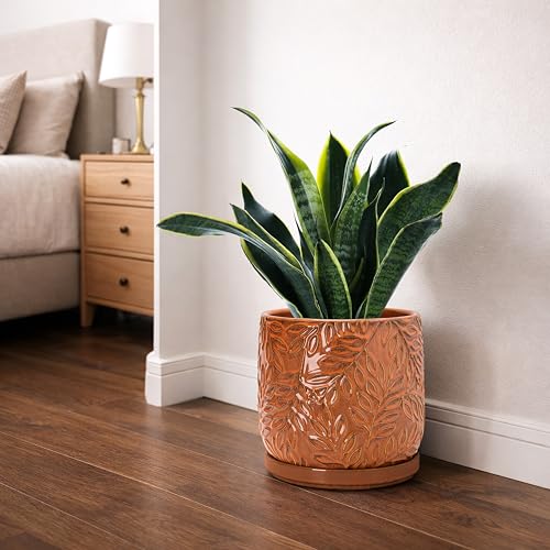 Embossed Leaves Ceramic Planter (8 Inch / Pumpkin)