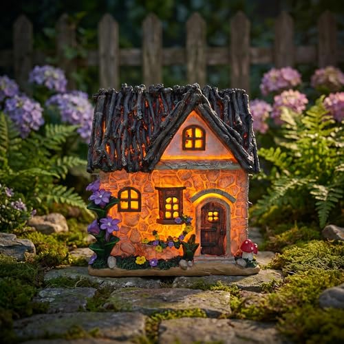 Enchanted Fairy Garden Cottage with Twig Roof & Floral Accents (Enchanted Fairy Cottage)