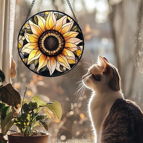 Retro Sunflower Stained Glass Window Hanging Suncatcher Gifts for Mom 7.8" (Yellow / 7.8x7.8 IN)