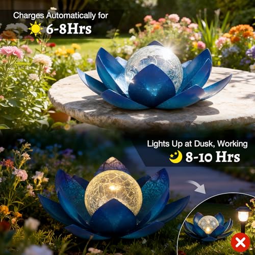 Solar Lights Outdoor Garden Decoration Crackle Globe Glass Waterproof LED Metal Blue Lotus Flowers Gift for Mom (BLUE2)