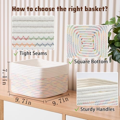 Small Organizing Baskets for Cubes Shelf (Square-9L (▢9.7"×9.7"×H7.1") / Off White & Rainbow Stitches)