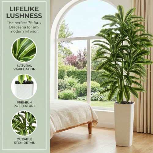 Artificial Dracaena Tree (Dark Green – White Pot / 7FT)
