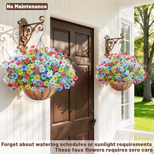 2 Set Artfiticial Hanging Flowers with Basket & Foam Outdoor (Red White Blue Yellow / 2 Pcs)