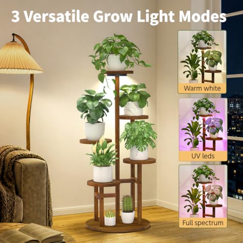 Wood Small Plant Stand Table Indoor Tall with Lights (Natural Brown with Light / 5 Tier)