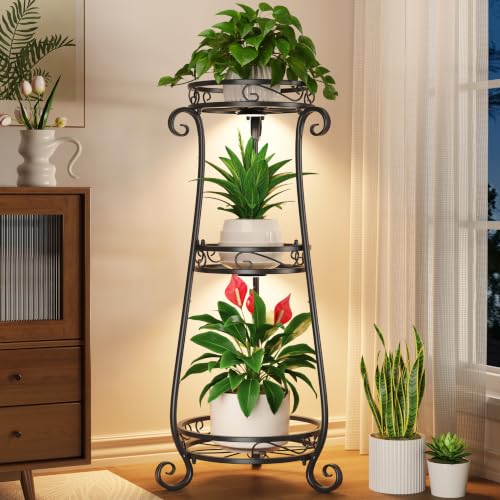 3 Tiers Metal Corner Plant Stand Tall with Light for Indoor Outdoor (Black with Light / 3 Tier)