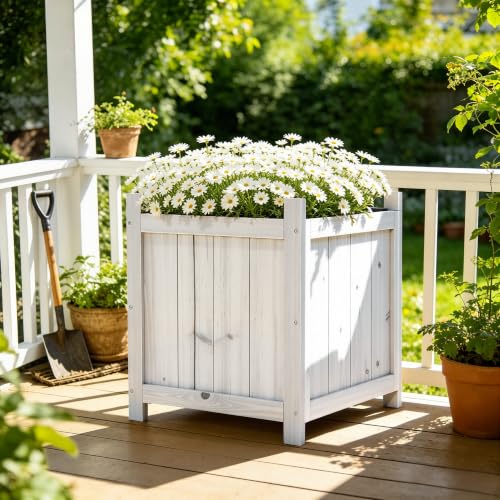 2 Pack 16" White Fir Wood Square Planter Boxes with Drainage Holes (Square Planter Boxes-whitewashed Color)