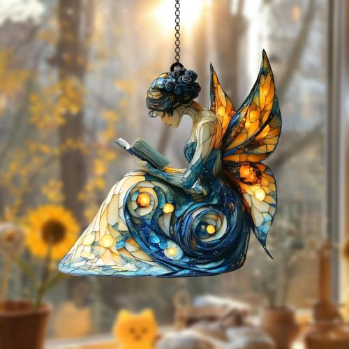 Butterfly Fairy Reading Book Acrylic Suncatcher Ornament Window Hanging Book Lover Gift Fairy Garden Decor (1-fba-ett-evg-a250-g.1 / 8")