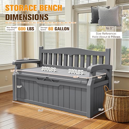 80 Gallon Resin Outdoor Storage Bench with Cushion. Waterproof (Grey / 80 Gal with Cushion)