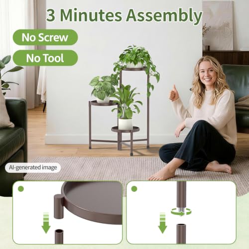 Plant Stand Indoor with 10 Inch Large Metal Tray (Antique Bronze / 3 Tier)