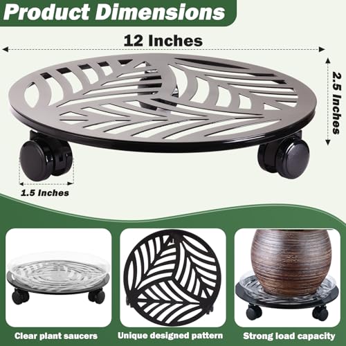 4 Packs Large Metal Plant Caddy with 3 PU Wheels 12" Heavy