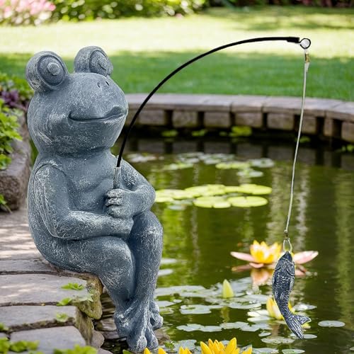 9.5" Frog Fishing Garden Sculptures & Statues (Gray)