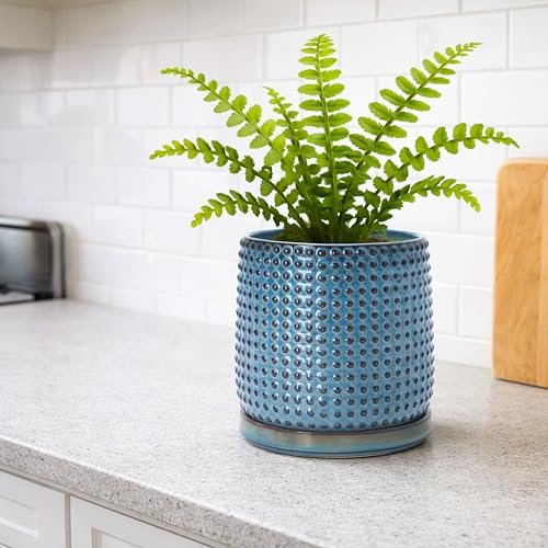 Beaded Ceramic Pot with Saucer (5.8 Inch / Ocean Teal)