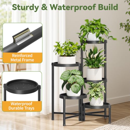 Plant Stand Indoor Outdoor with Large 10 Inch Plastic Tray (Classic Black with Large Tray / 5 Tier)