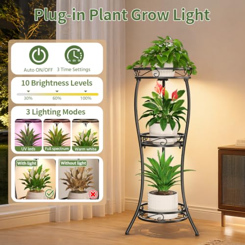 3 Tiers Metal Corner Plant Stand Tall with Light for Indoor Outdoor (Classic Black with Light / 3 Tier)