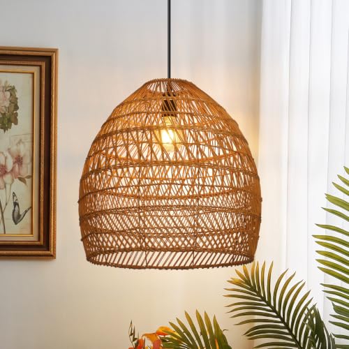 1 Light Rustic Rattan Chandelier for Dining Room 15.7" (1-Light / 15.7")