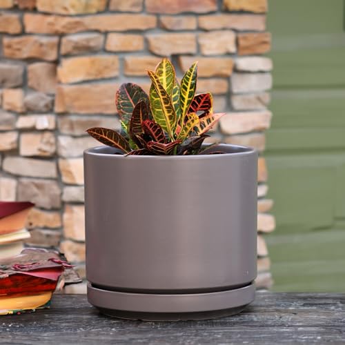 Ceramic 12 Inch Mid Modern Planter Pot with Drainage Hole and Saucer